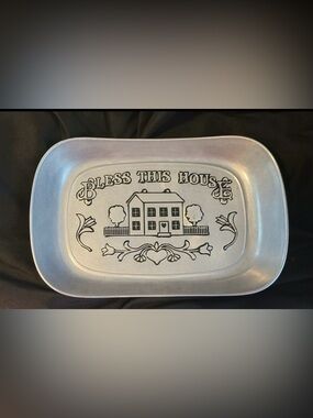 Vintage Bless This House Decorative Metal Serving Tray - Solid Pewter